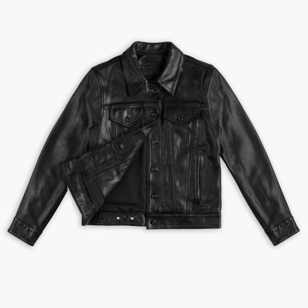 Women's Leather Trucker Jacket in Black - Thursday