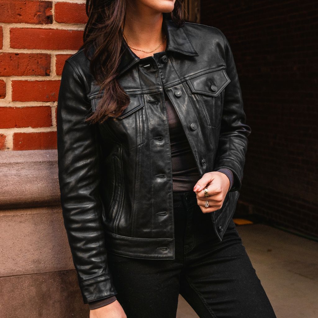 Women's Leather Trucker Jacket in Black - Thursday
