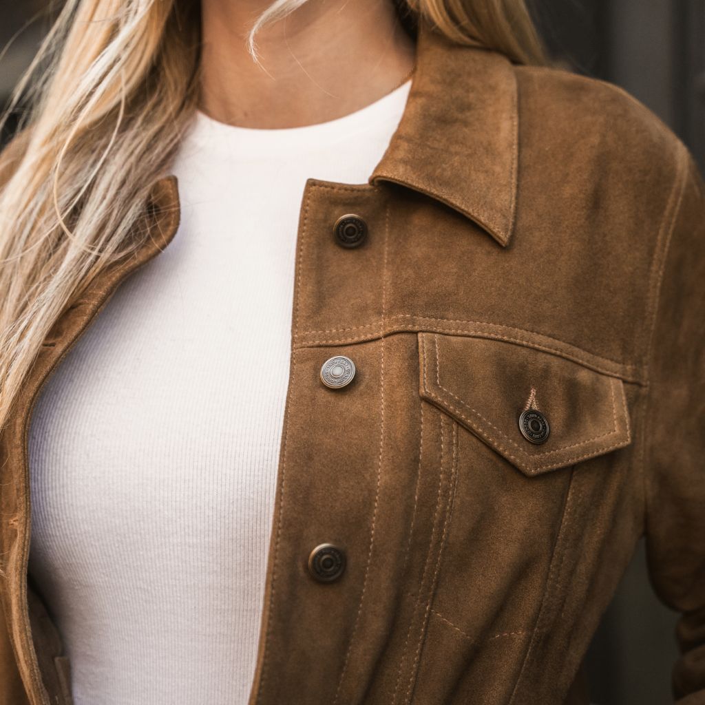Women's Suede Trucker Jacket in Dusty Tan - Thursday Women's Suede Trucker Jacket in Dusty Tan - Thursday