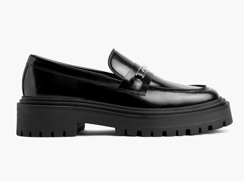 Women's Penny Platform Lug Sole Loafer In Black & Silver - Thursday