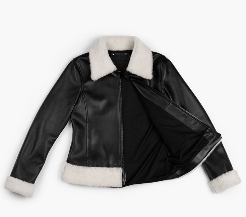 Women's Black Leather Flight Jacket With Shearing Collar - Thursday
