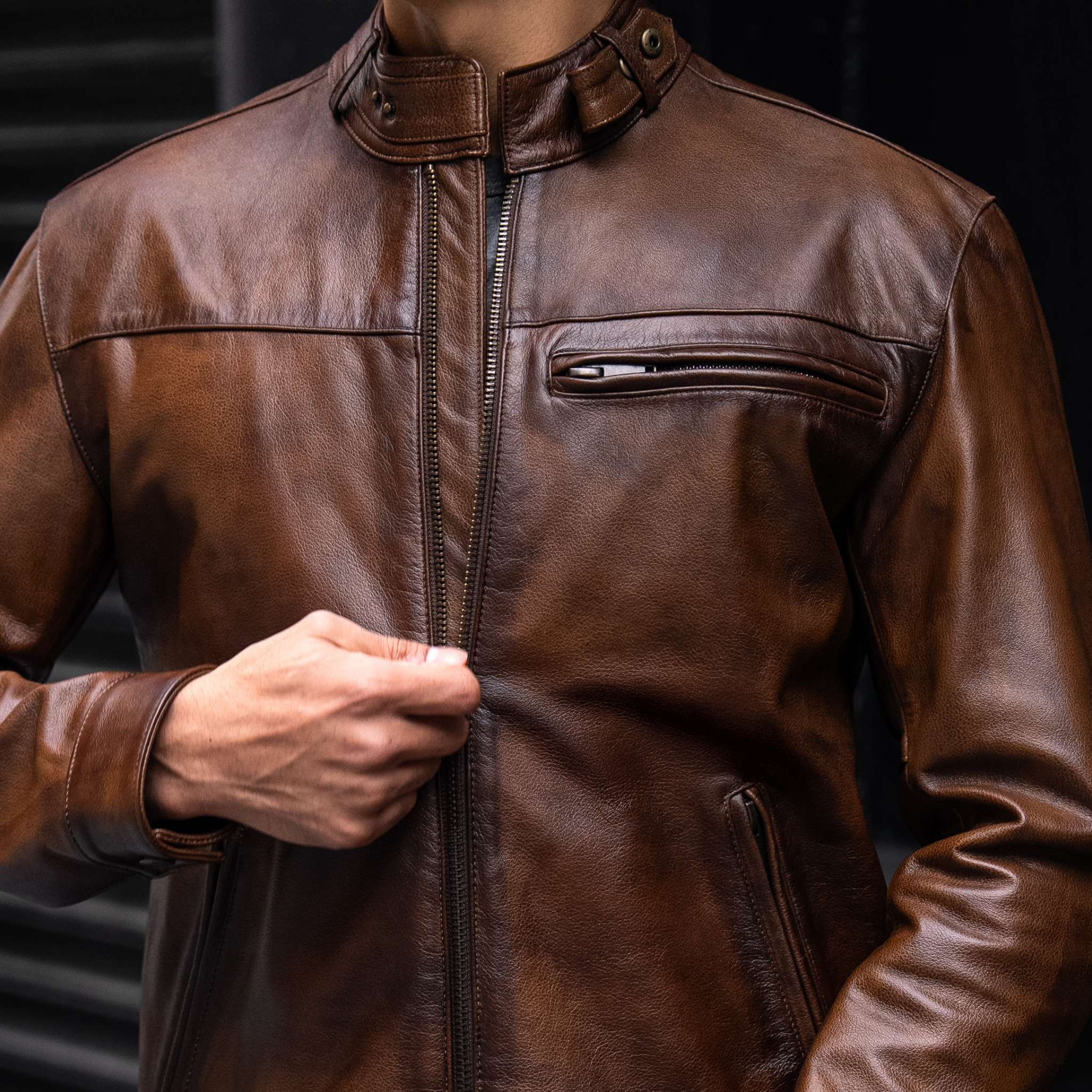 Men's Roadster Jacket In Brown 'Bourbon' Leather - Thursday