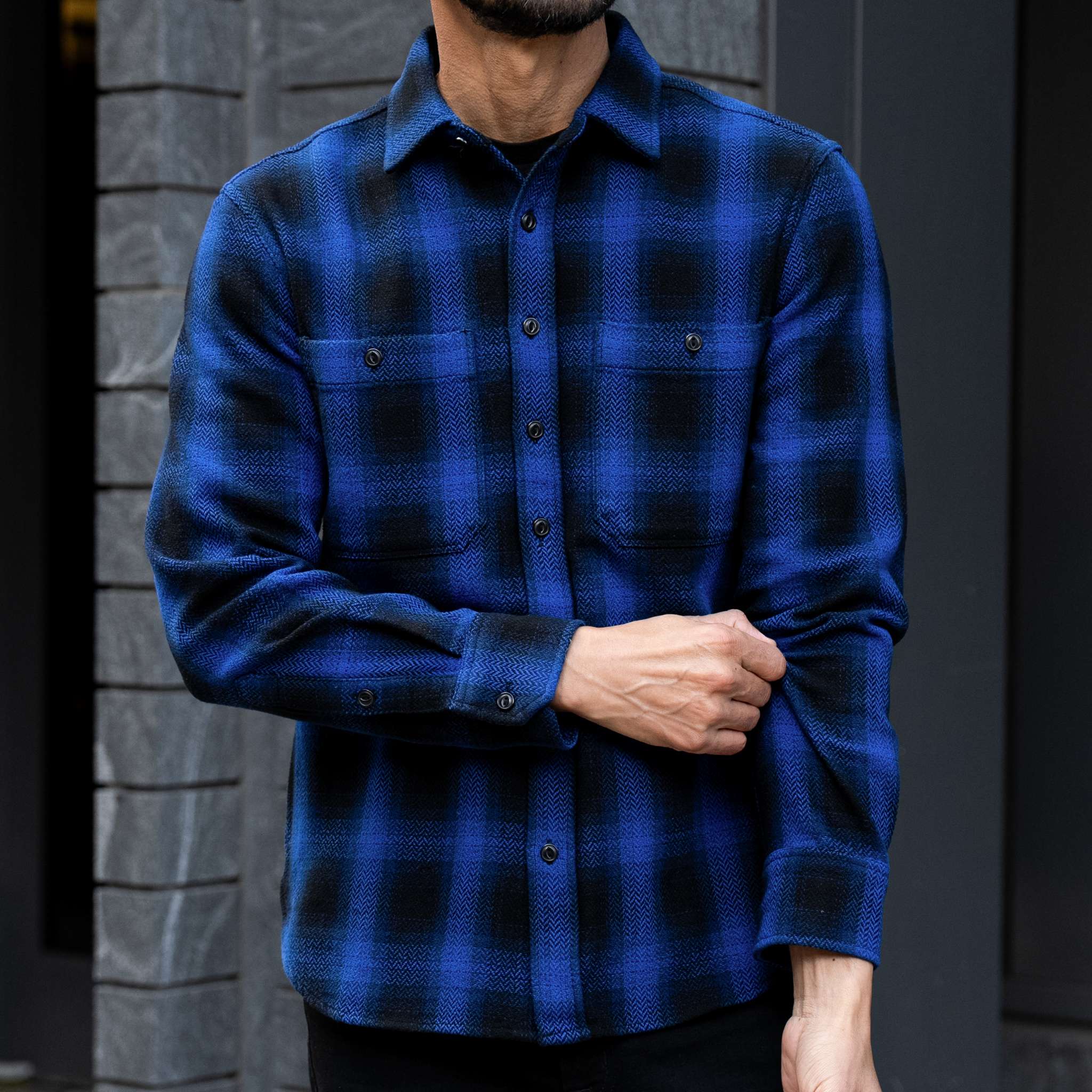 Men's Flannel Shirt in Black & Blue 'Eclipse' Buffalo Check - Thursday
