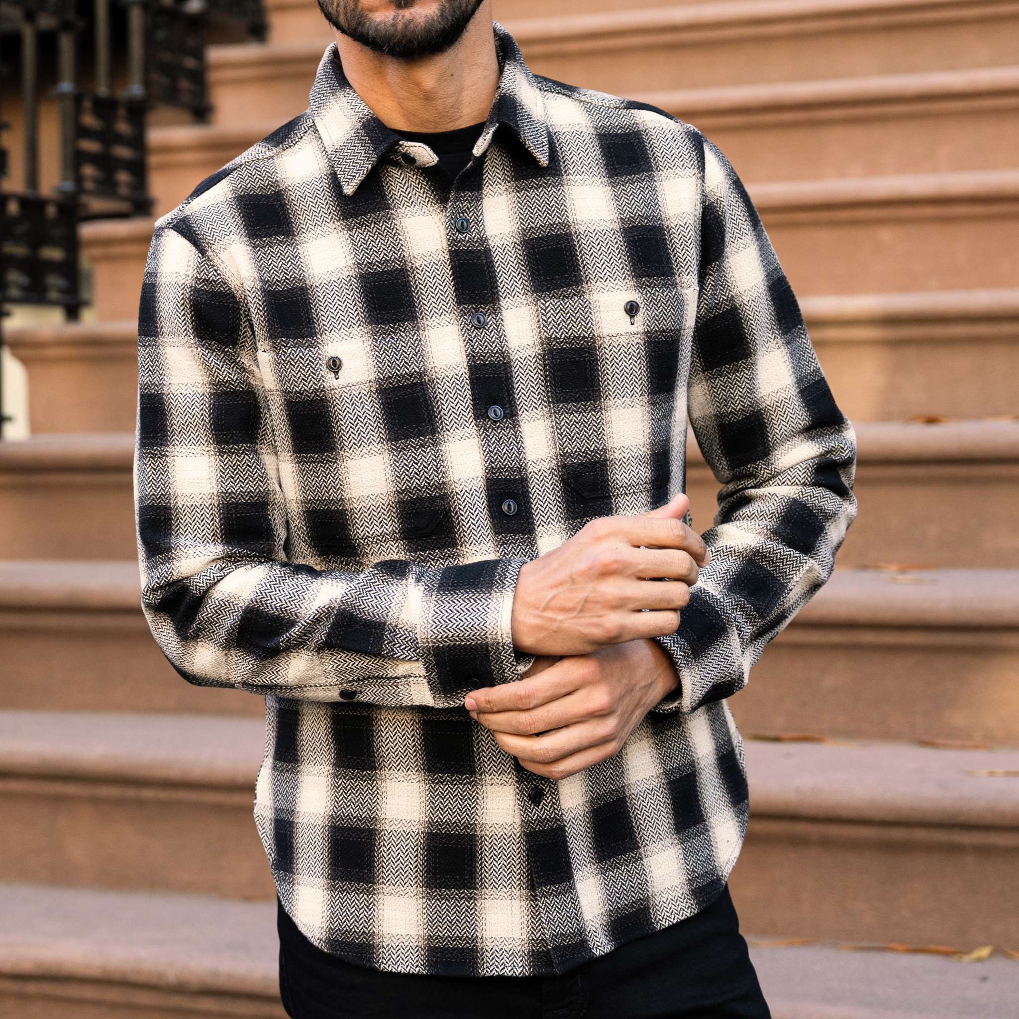 Men's Flannel Shirt in Black & Cream 'Hawk' Buffalo Check