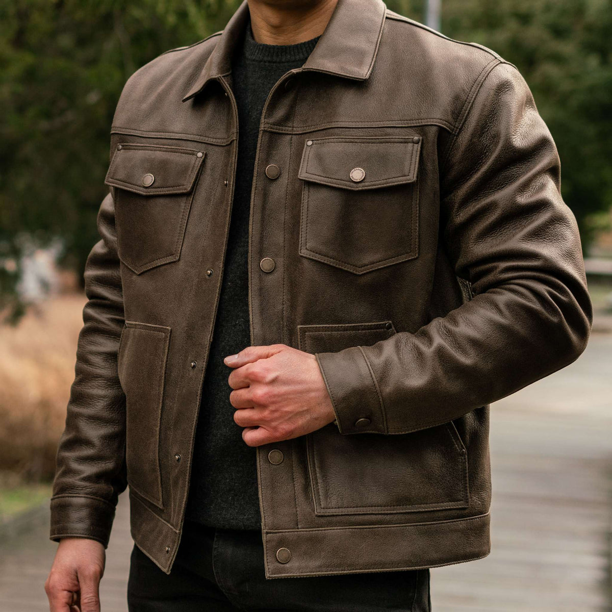 Men's Roughout Cruiser Jacket In Dark Olive Leather - Thursday