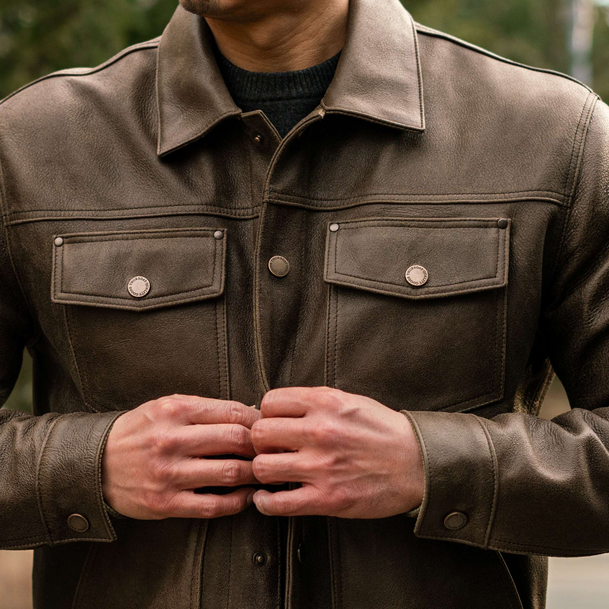 Men's Roughout Cruiser Jacket In Dark Olive Leather - Thursday