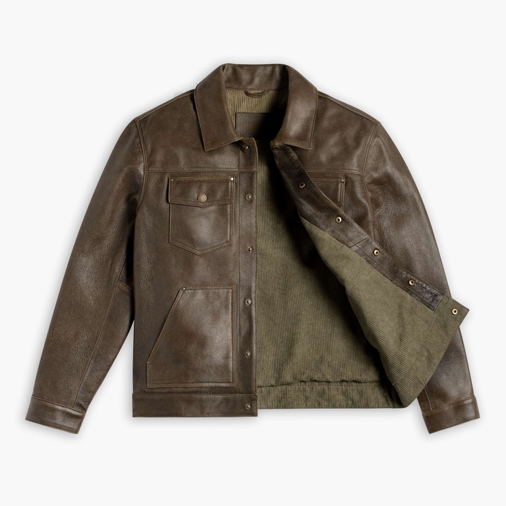 Rust Color Rough Out Jacket Men's Roughout Cruiser Jacket In Dark Olive Leather - Thursday