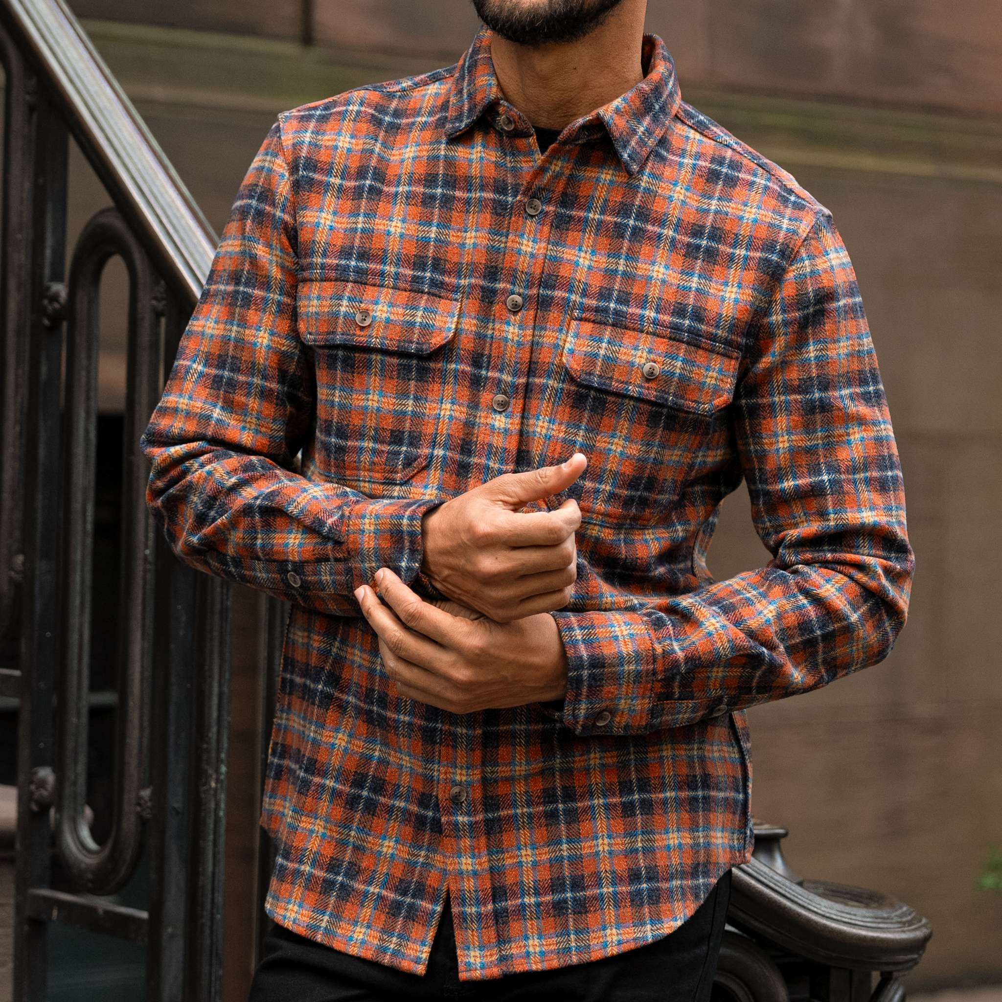 Men's Summit Flannel Shirt in Orange & Blue 'Daybreak' Plaid Men's Summit Flannel Shirt in Orange & Blue 'Daybreak' Plaid