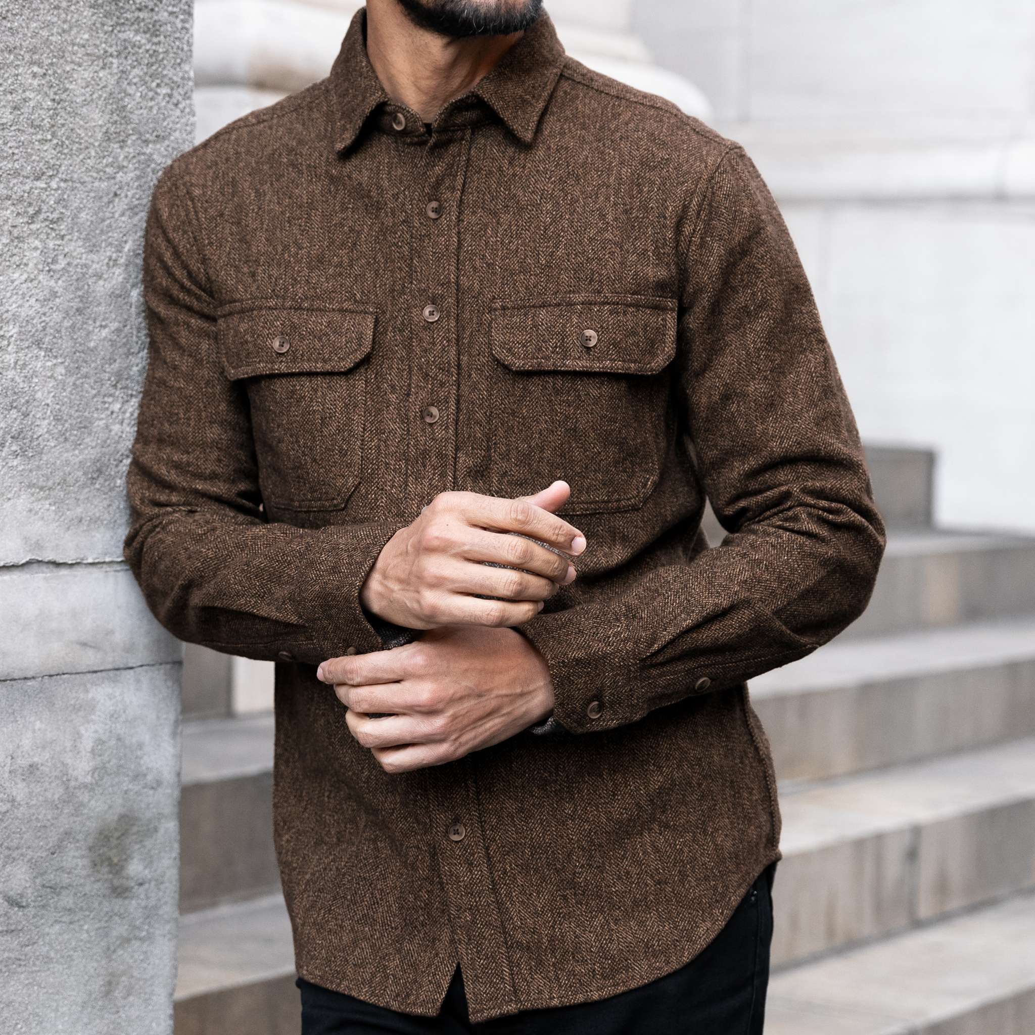 Men's Summit Flannel Shirt in Brown Herringbone - Thursday