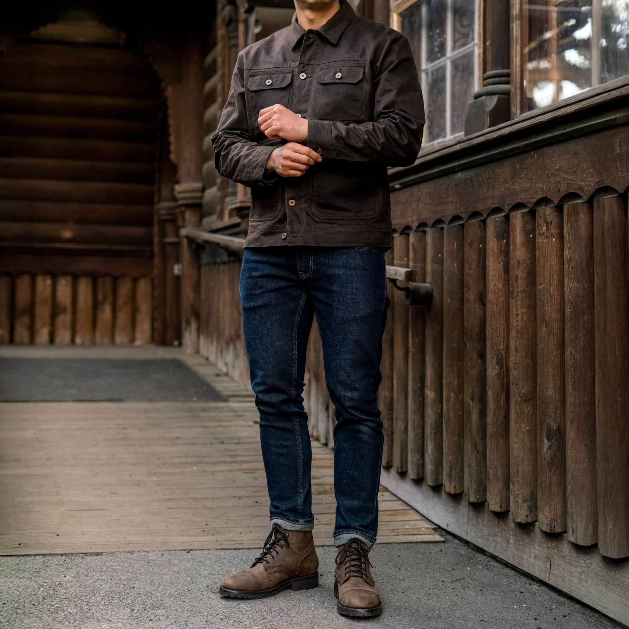 Men's Waxed Trucker Jacket in Dark Olive - Thursday