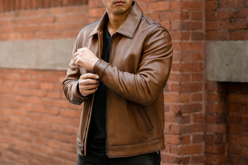 Men's Keanu Point Collar Jacket in Tan 'Walnut' Leather - Thursday