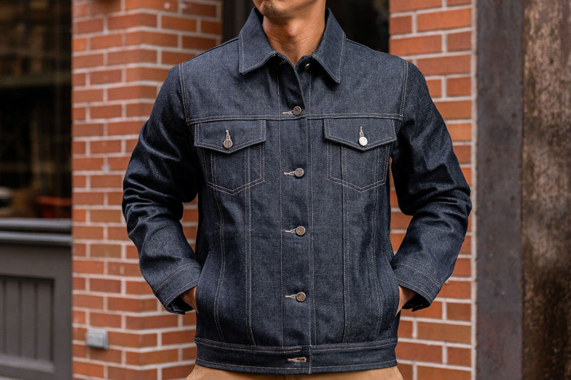 Men's Selvedge Raw Denim Trucker Jacket in Indigo - Thursday Men's Selvedge Raw Denim Trucker Jacket in Indigo - Thursday