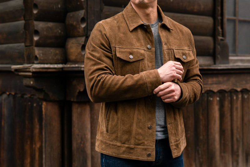 thumbnail image 2 of Men's Vintage Buckskin Suede Trucker Jacket - Dark Brown, Button-Down, Windproof Casual Coat 2 of 11