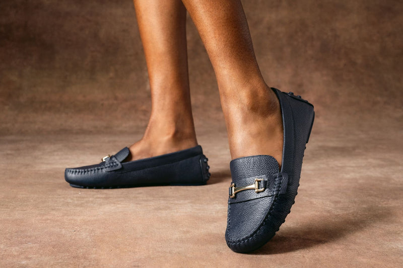 Women's Slip-On Driving Loafer in Navy & Gold Leather - Thursday Women's Slip-On Driving Loafer in Navy & Gold Leather - Thursday