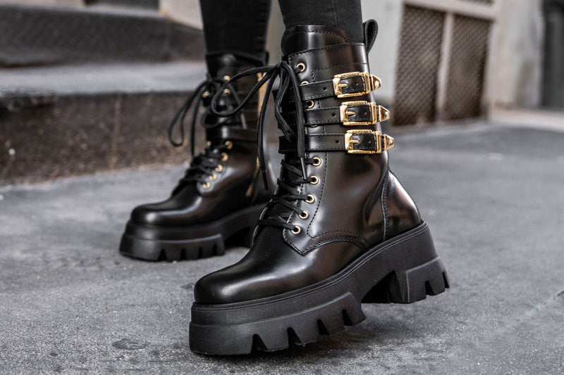thumbnail image 2 of Thursday Boot Company Women’s Burgundy Combat Boots – Patent Leather, Cushioned Insole, Mid-Calf Shaft 2 of 6