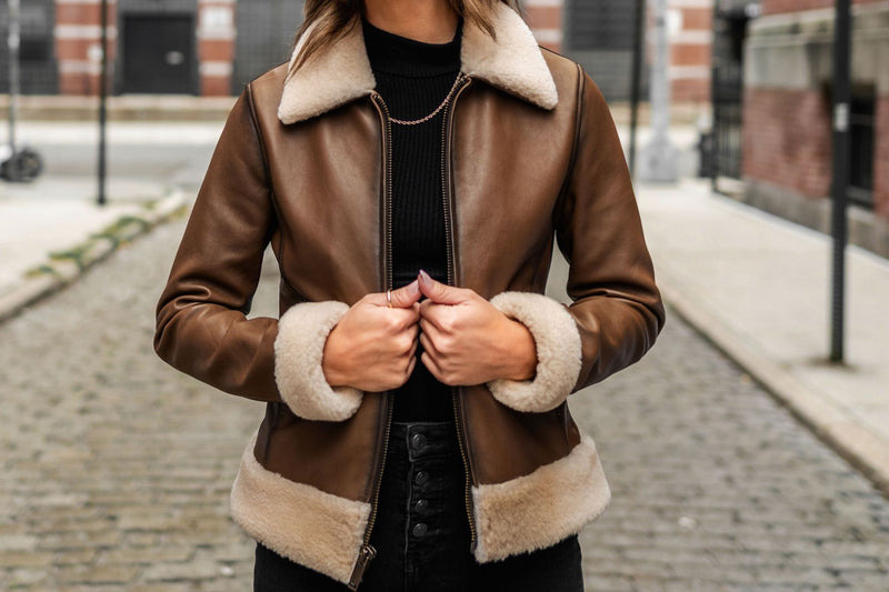 Women's Walnut Leather Flight Jacket With Shearing Collar Thursday