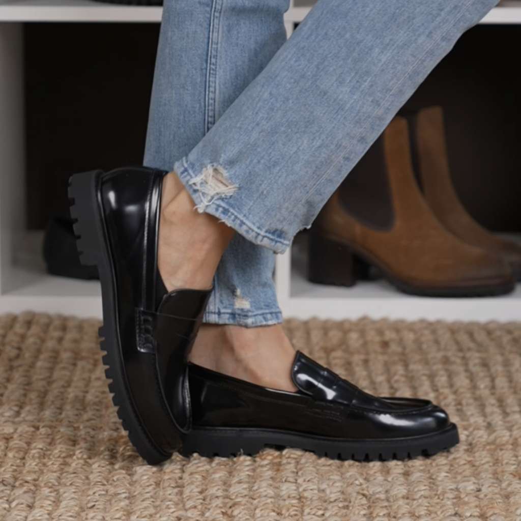 Women s Penny Lug Sole Loafer In Black Leather Thursday