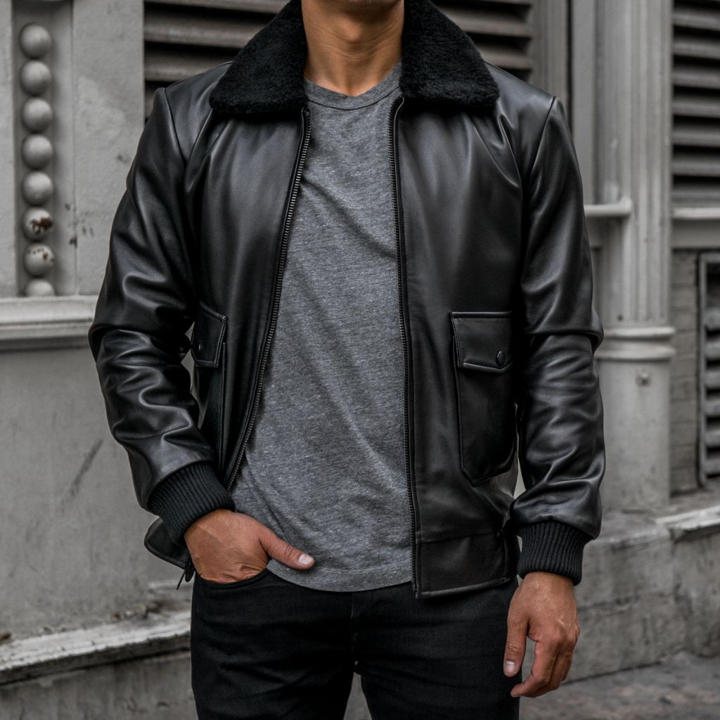leather bomber jacket with collar