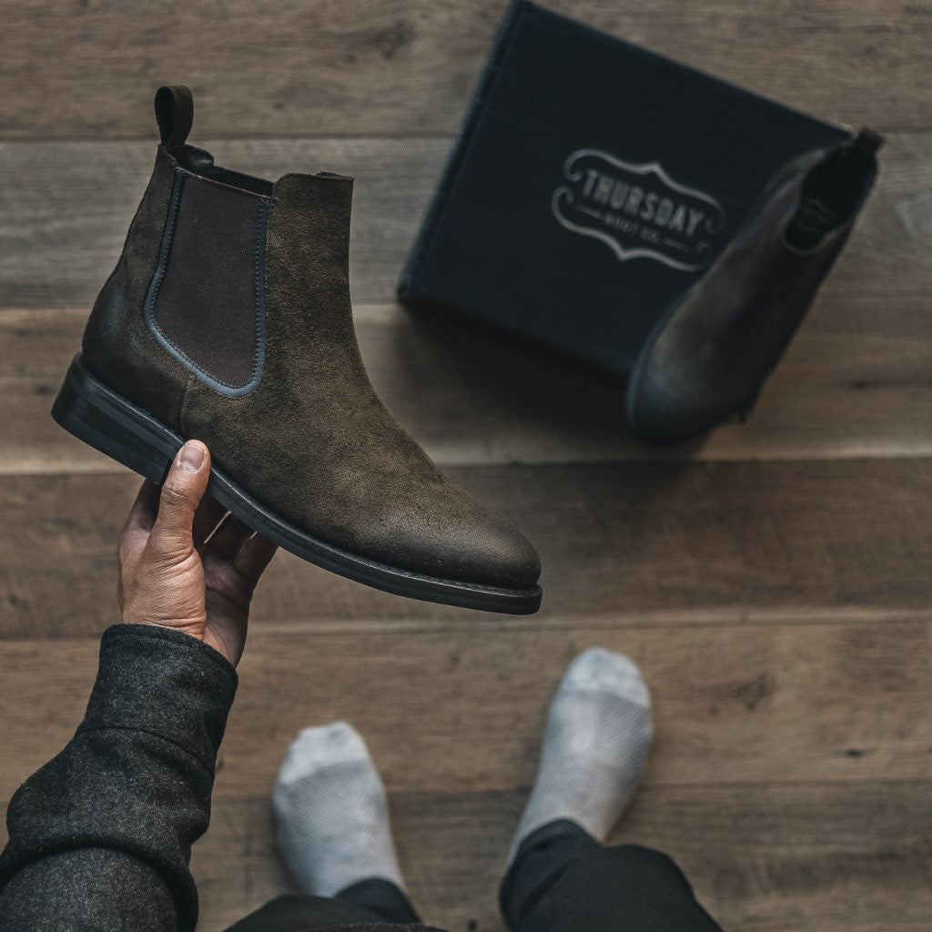 Men's Duke Chelsea Boot In Dark Olive Suede Thursday Boot Company
