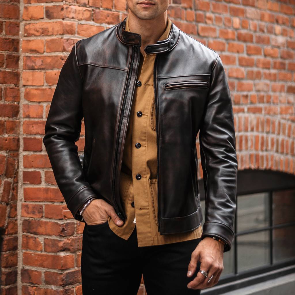 Men'S Genuine Leather with Rib Collar Black Colour Biker Jacket By Bru