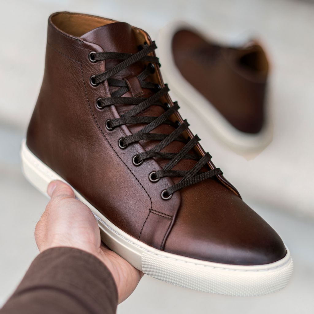 brown high top dress shoes Men's Premier High Top Sneaker In Brown "Coffee" Leather