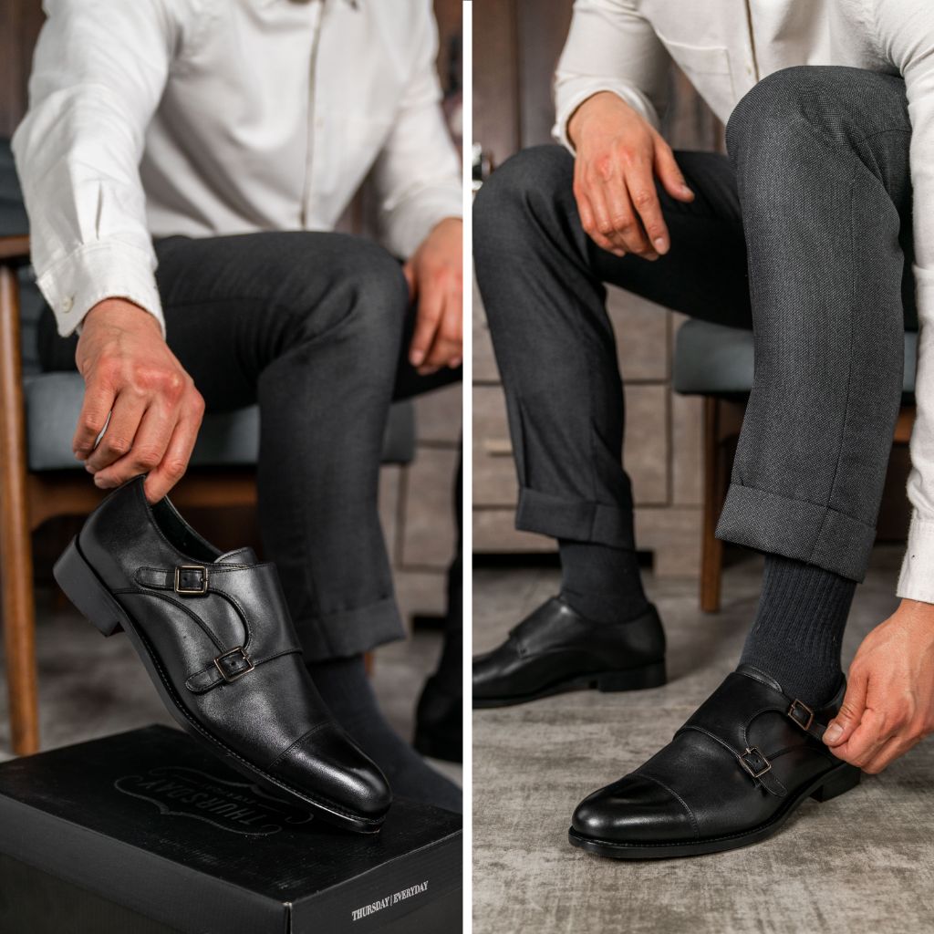 Men's Saint Double Monk Strap Shoe In Black Leather - Thursday