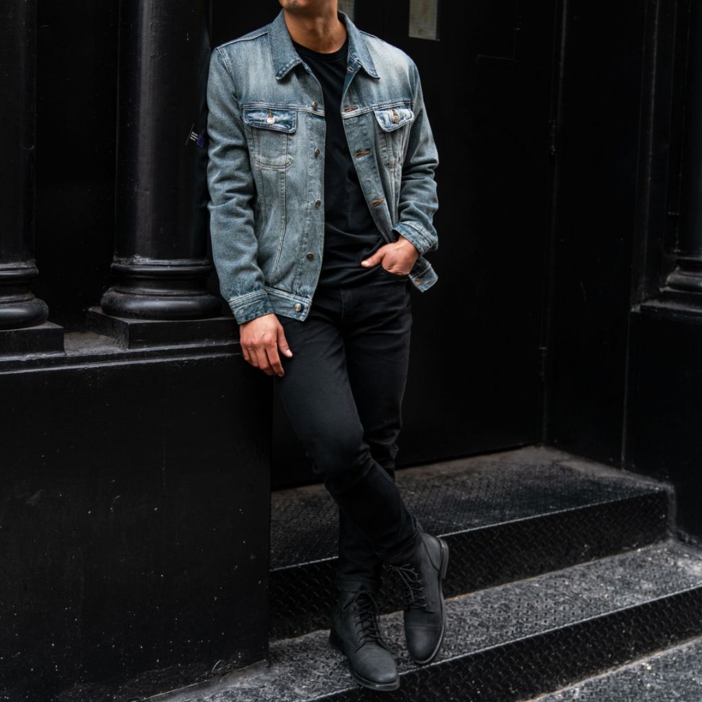 Denim Shirt Black Boots With Blue Jeans Men Denim Jacket Shirt