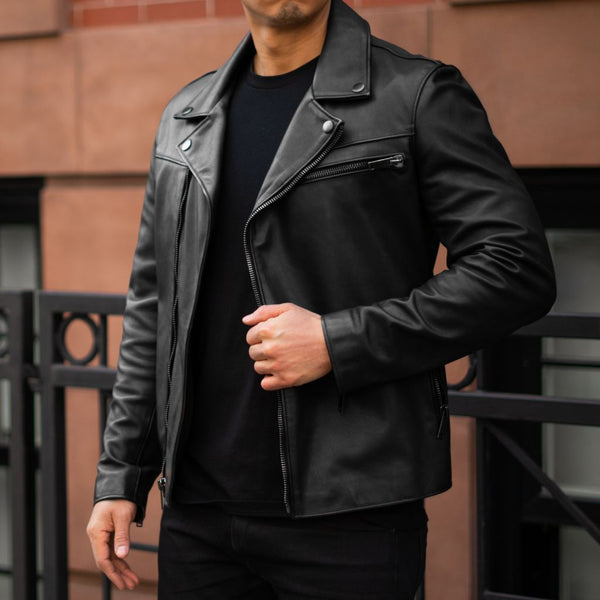 Leather Biker Jacket - Black - Men