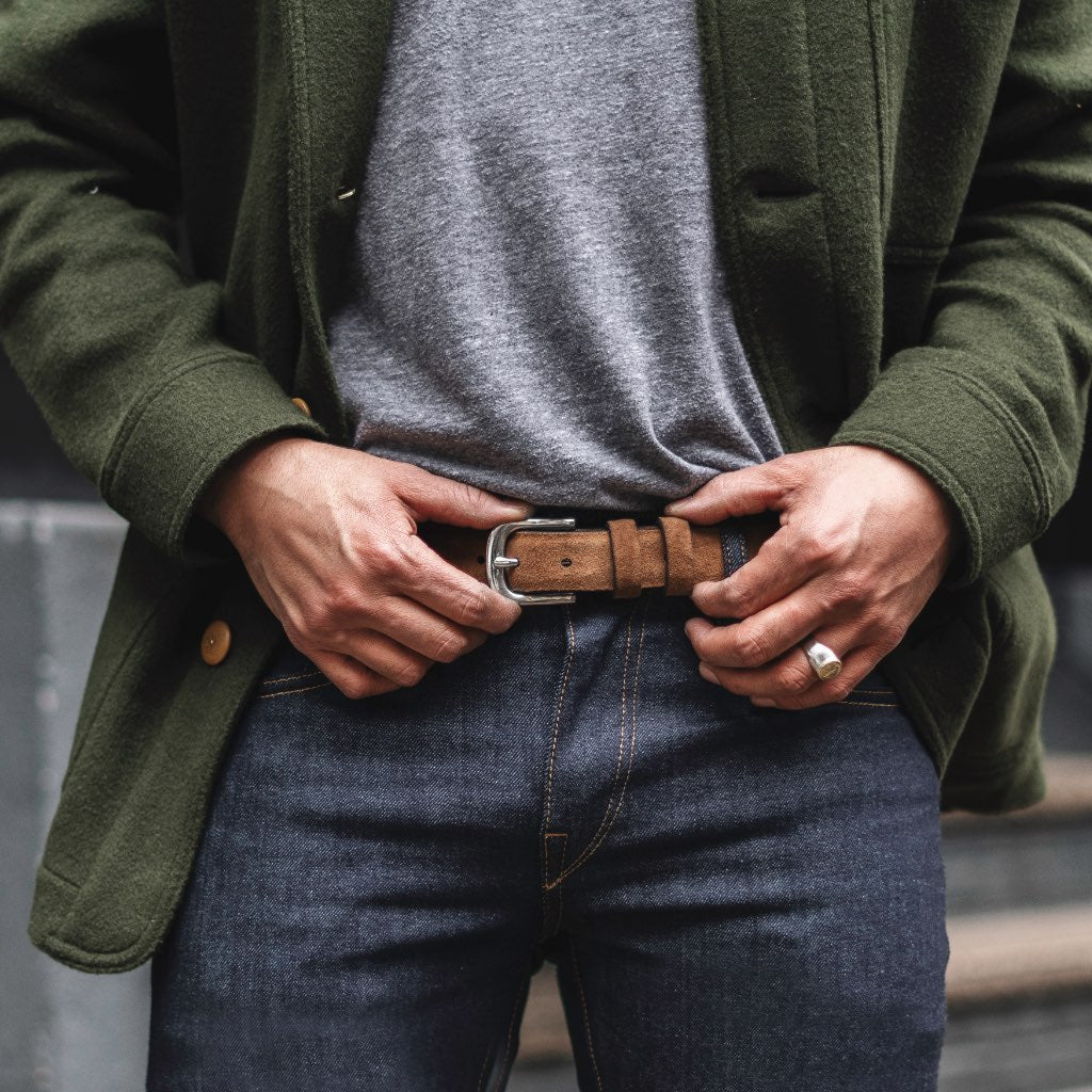 Men's Slim Leather Belt In Cognac Suede - Thursday Boot Company