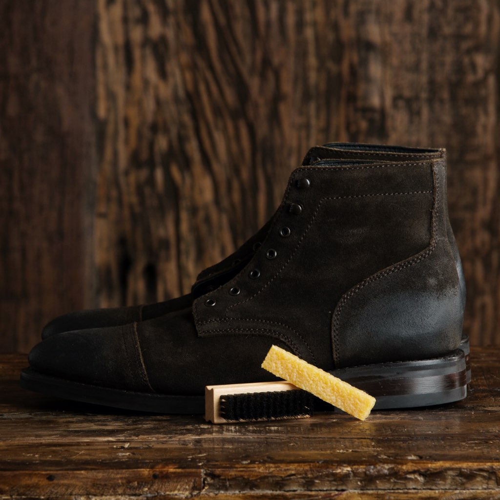 Frye Suede & Nubuck Brush using bristle and eraser sides on suede boots