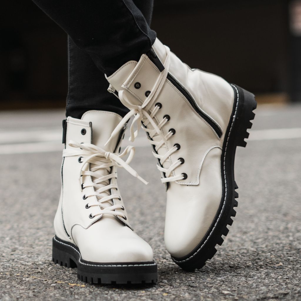 Women's Combat Boot In Ecru White Leather Women's Combat Boot In Ecru White Leather