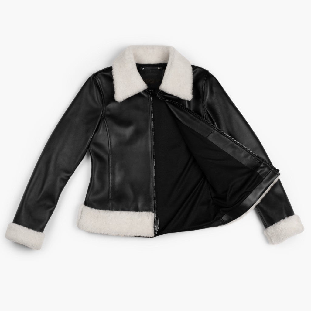 Women's Black Leather Flight Jacket With Shearing Collar - Thursday