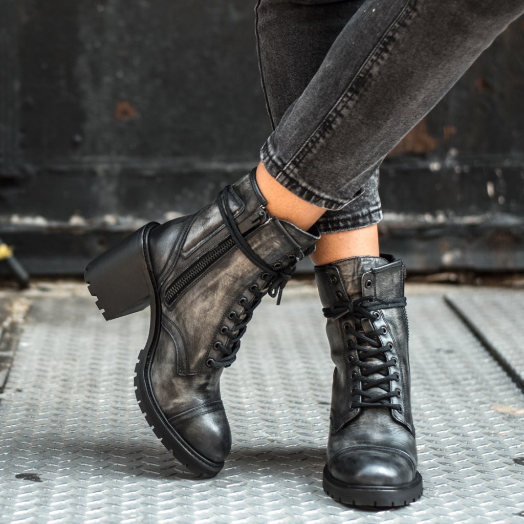 Women's Rebel High-Heel Zip-Up Boot In Grey Leather - Thursday Boots Women's Rebel High-Heel Zip-Up Boot In Grey Leather - Thursday Boots