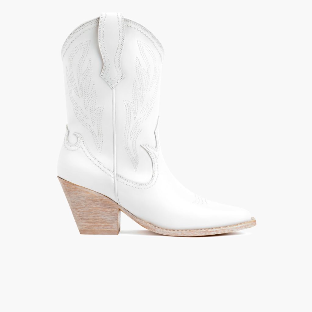 Mid Heel Side Zipper Western Boots- White