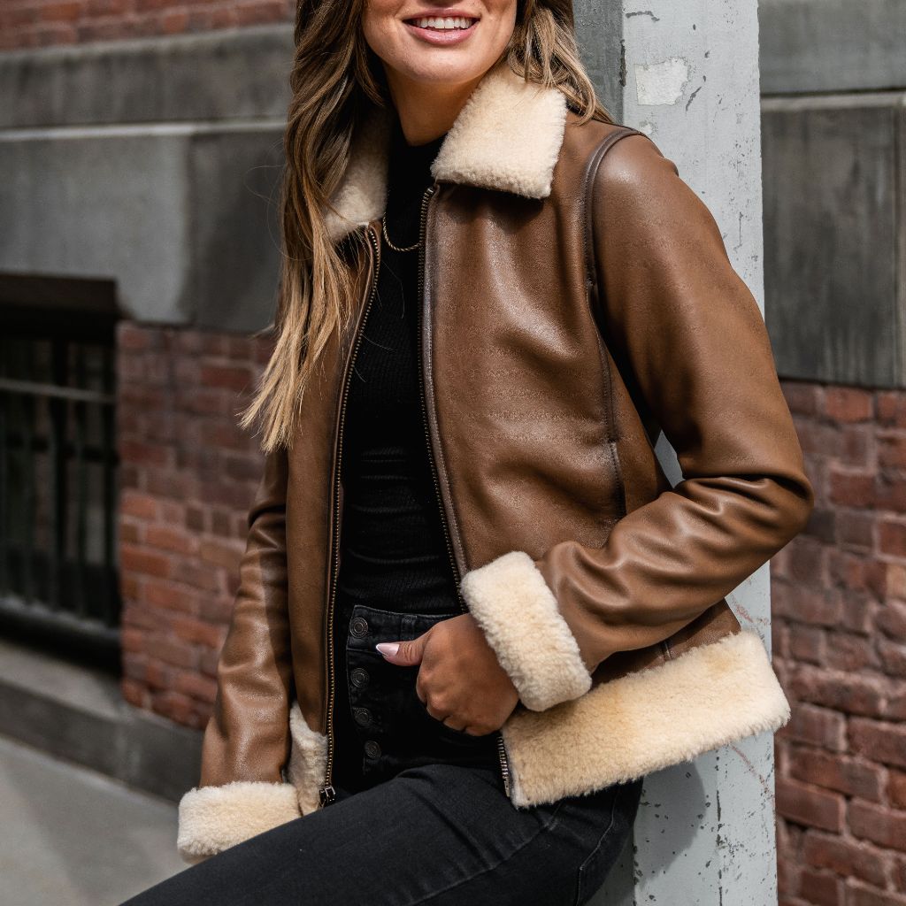 Women's Walnut Leather Flight Jacket With Shearing Collar Thursday